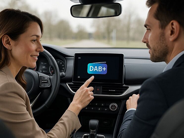 Jetzt beim Hammer Auto Center auf DAB+ umrüsten! Zwei Personen im Cockpit eines Fahrzeugs, in der Mitte ein Display mit dem DAB+